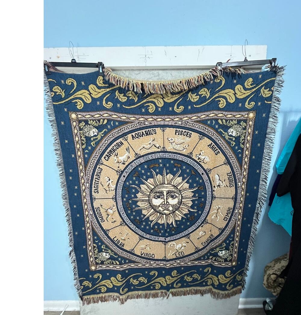 Astrology Zodiac Sign Tapestry Fringe Throw Blanket Blue Gold 50"x59"